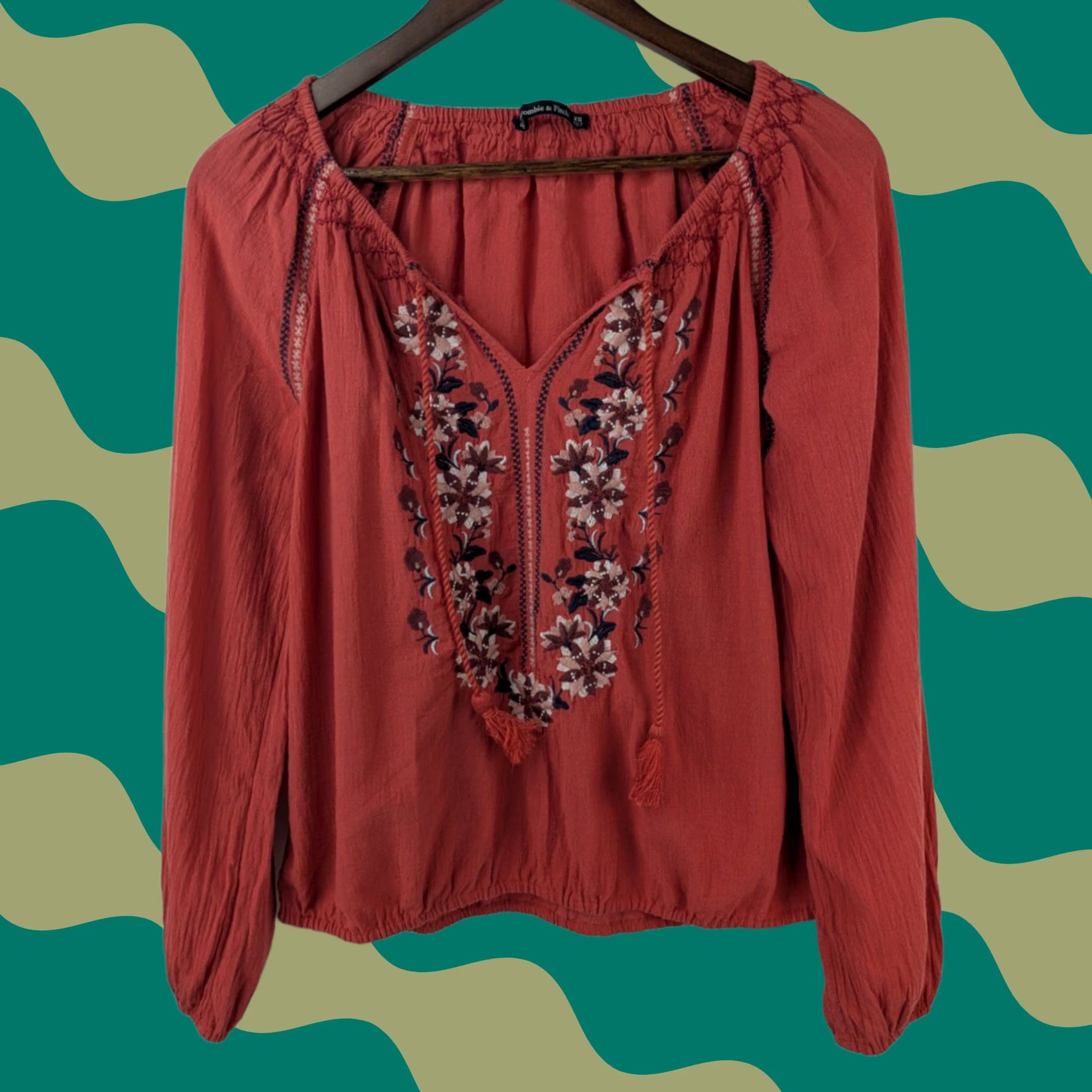 Lucky Brand Lucky Brand Women's Blouse Orange Floral Embroidered Size XS Long Sleeve Tunic Size XS / US 0-2 / IT 36-38 - 1 Thumbnail