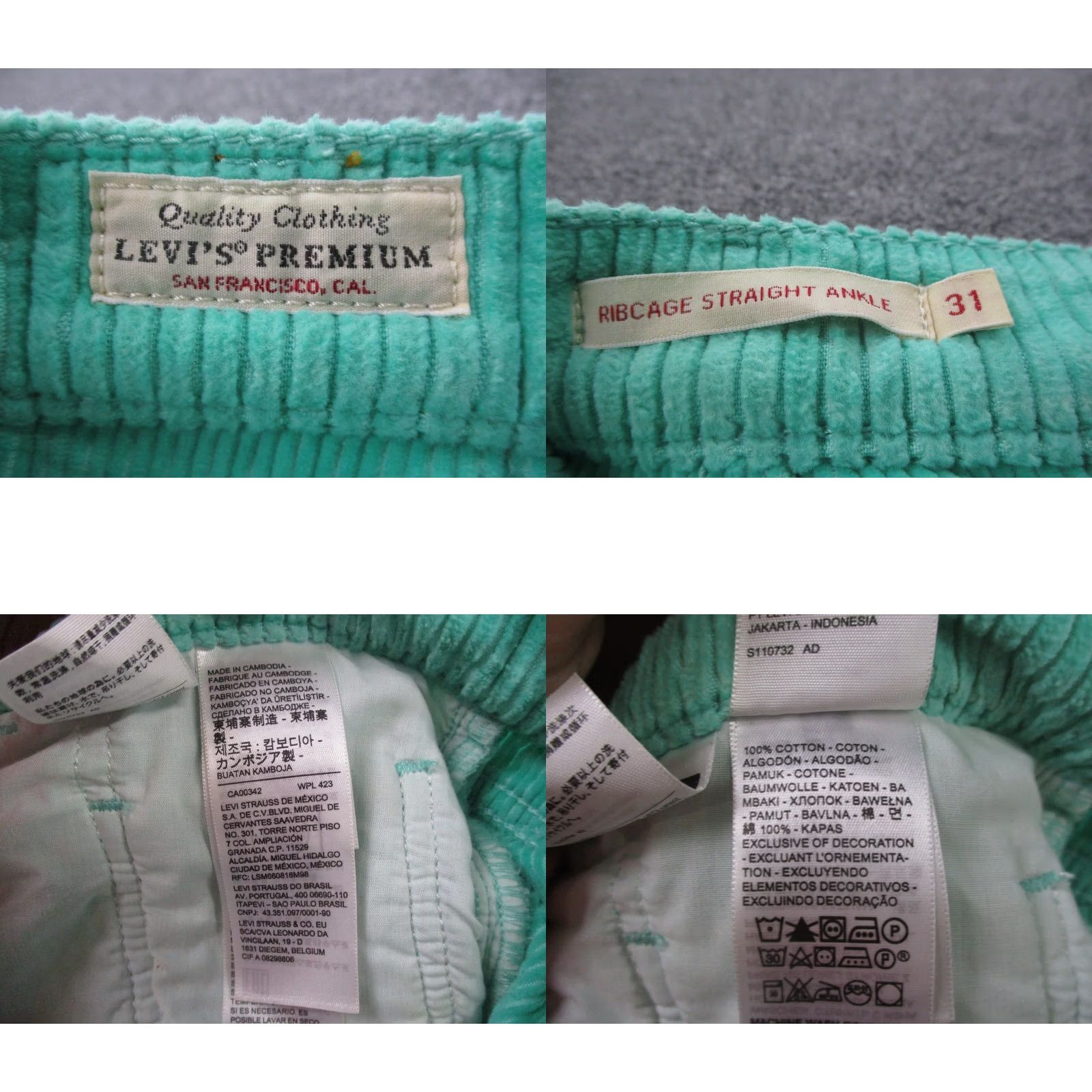 Levi's Levi's Green Corduroy Ribcage Straight Ankle Wide Leg Pants Women Size 31 Preppy Size 24" / US 00 / IT 34 - 8 Thumbnail