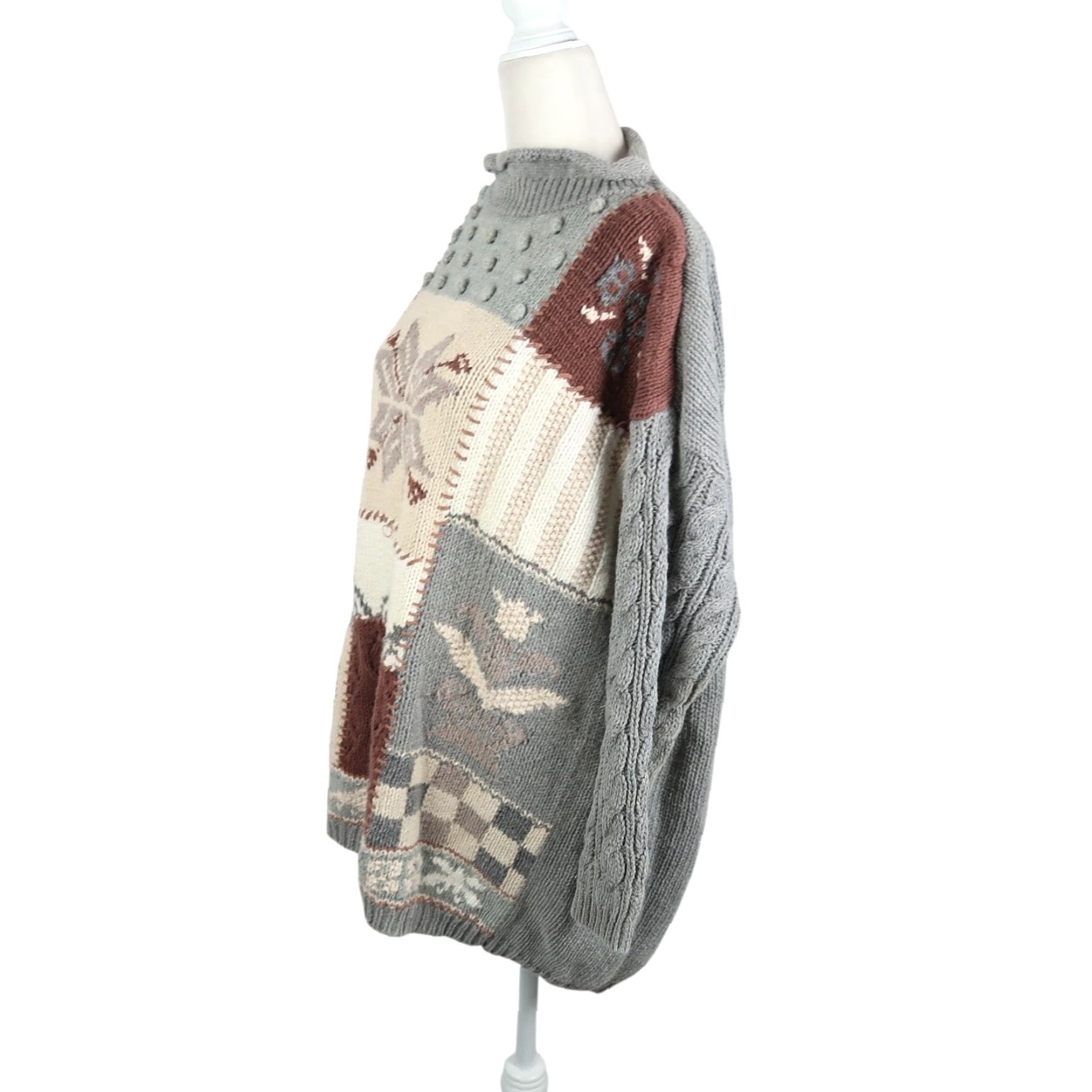 Vintage VINTAGE 90s Snowflake Patchwork Rollneck Sweater L Women Gray Brown Wool? No, Cotton Ramie Knit Pullover Size L / US 10 / IT 46 - 3 Thumbnail