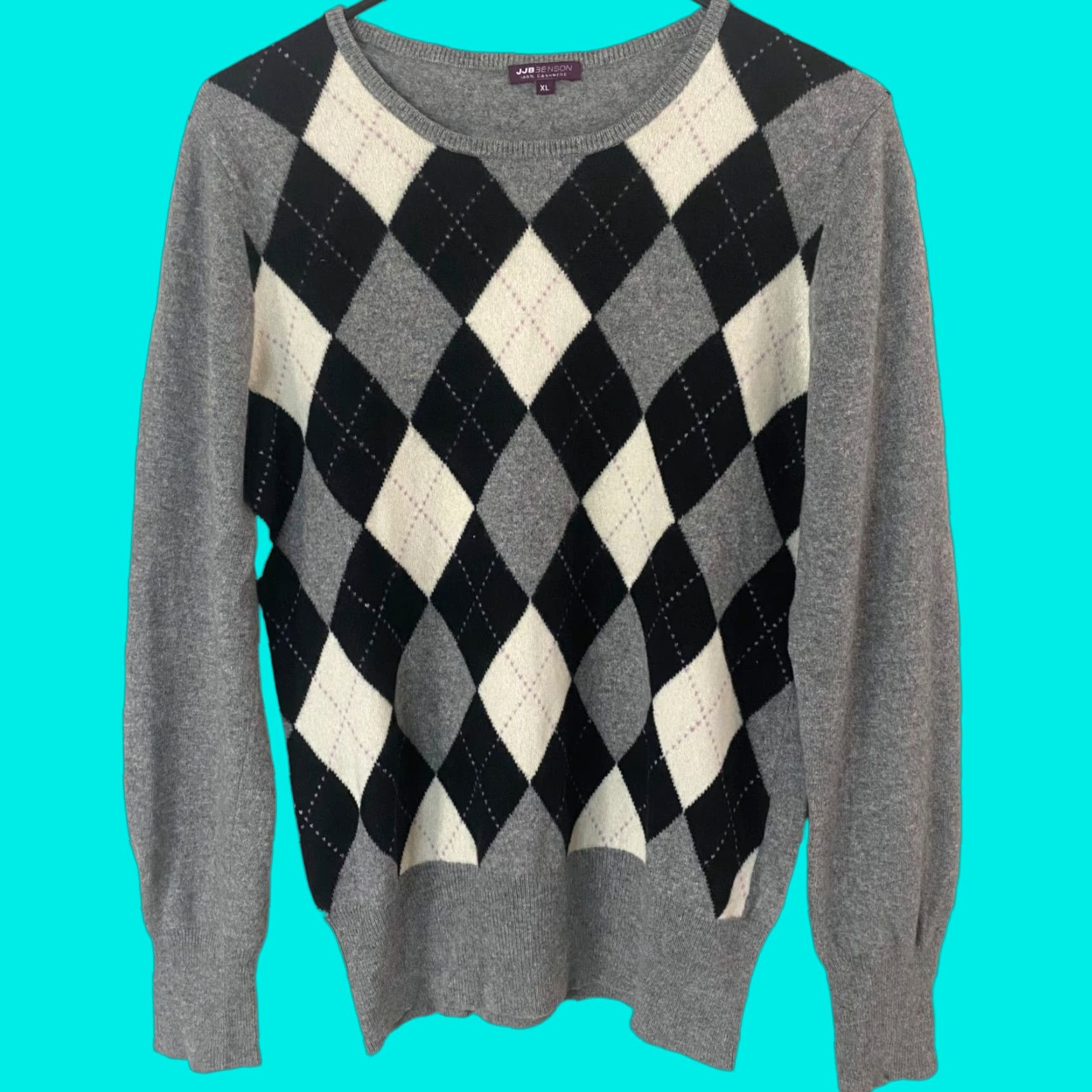 Vintage JJB Benson Cashmere Argyle Sweater Pullover Long Sleeve Women's XL Gray Black Size XL / US 12-14 / IT 48-50 - 1 Thumbnail