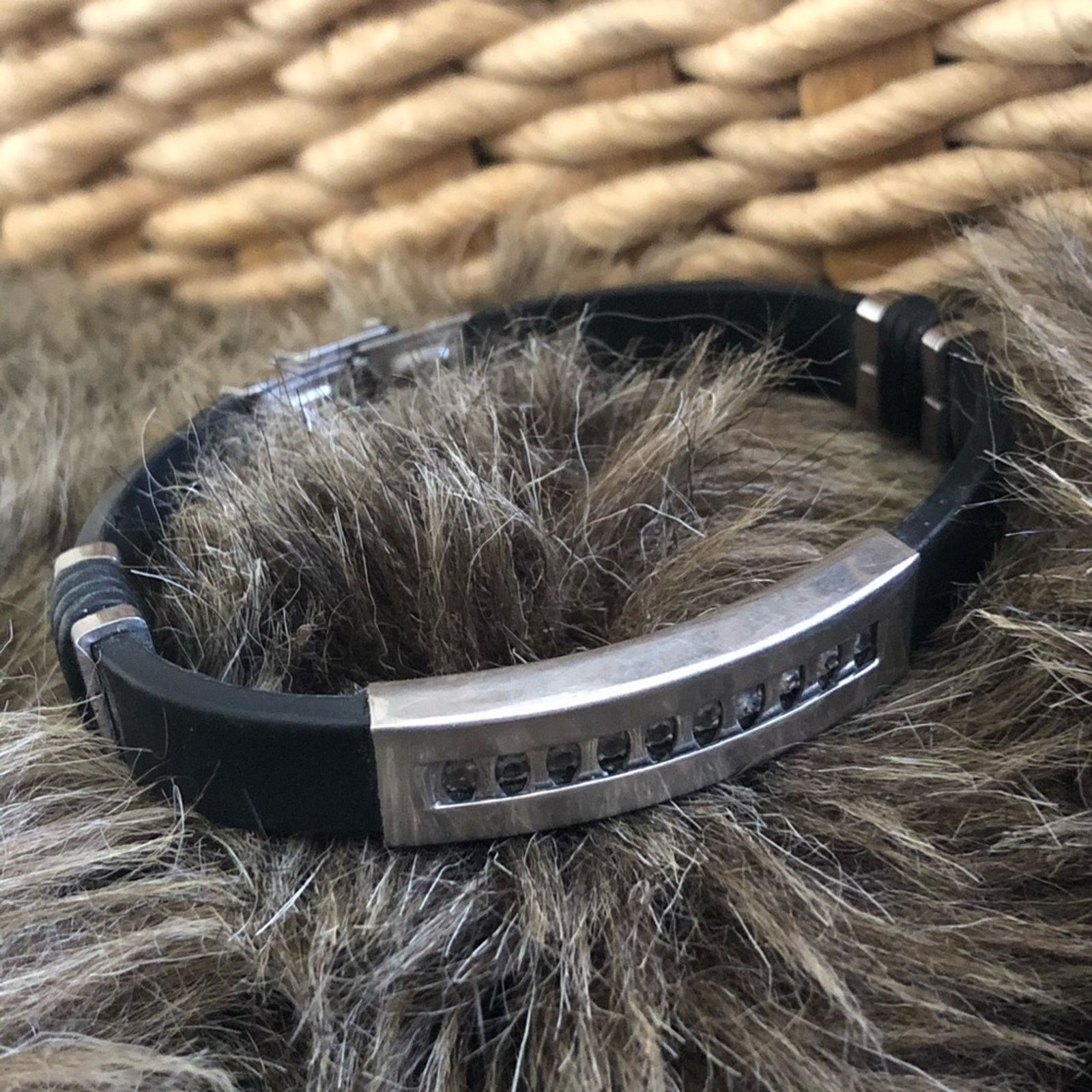Jewelry Unisex inlaid stone stainless steel silicone band Size ONE SIZE - 1 Thumbnail