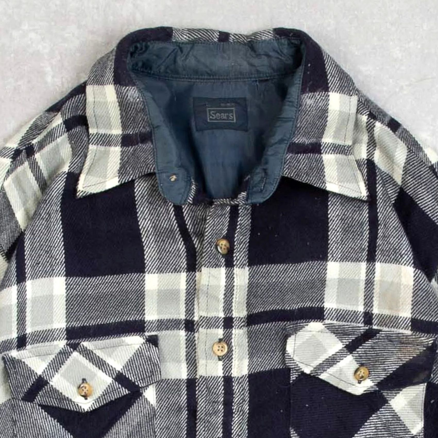 Sears VINTAGE Sears Shirt Large Men's Blue Checked Plaid 1990s Wool Style Size US L / EU 52-54 / 3 - 3 Thumbnail