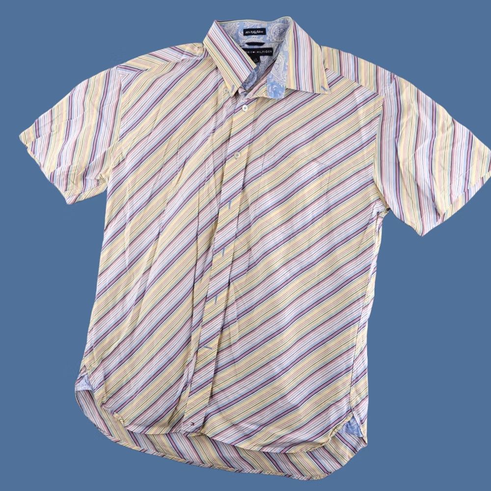 Tommy Hilfiger Tommy Hilfiger Shirt Mens Large Striped Club Shirt 80s Yellow Button-Up Short Sleeve Size US L / EU 52-54 / 3 - 1 Thumbnail