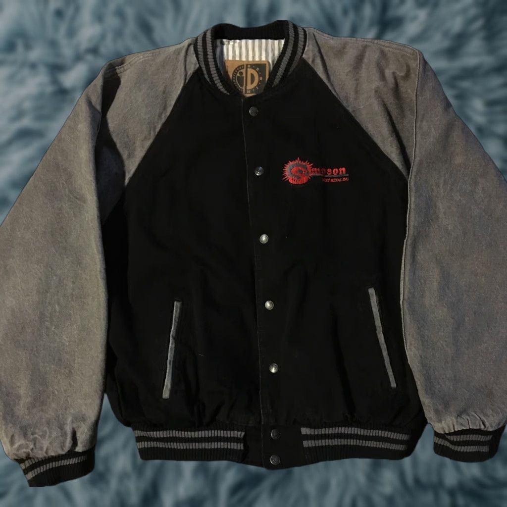 VINTAGE Construction Denim Bomber Jacket XL Black 90s Grunge Biker Trucker Punk Motorcycle Men Jacket