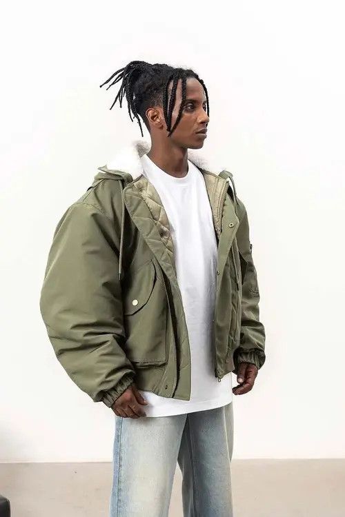 image of Vintage Solid Parkas Multi Pockets Puffer Jacket Coat Bomber in Khaki, Men's (Size XL)