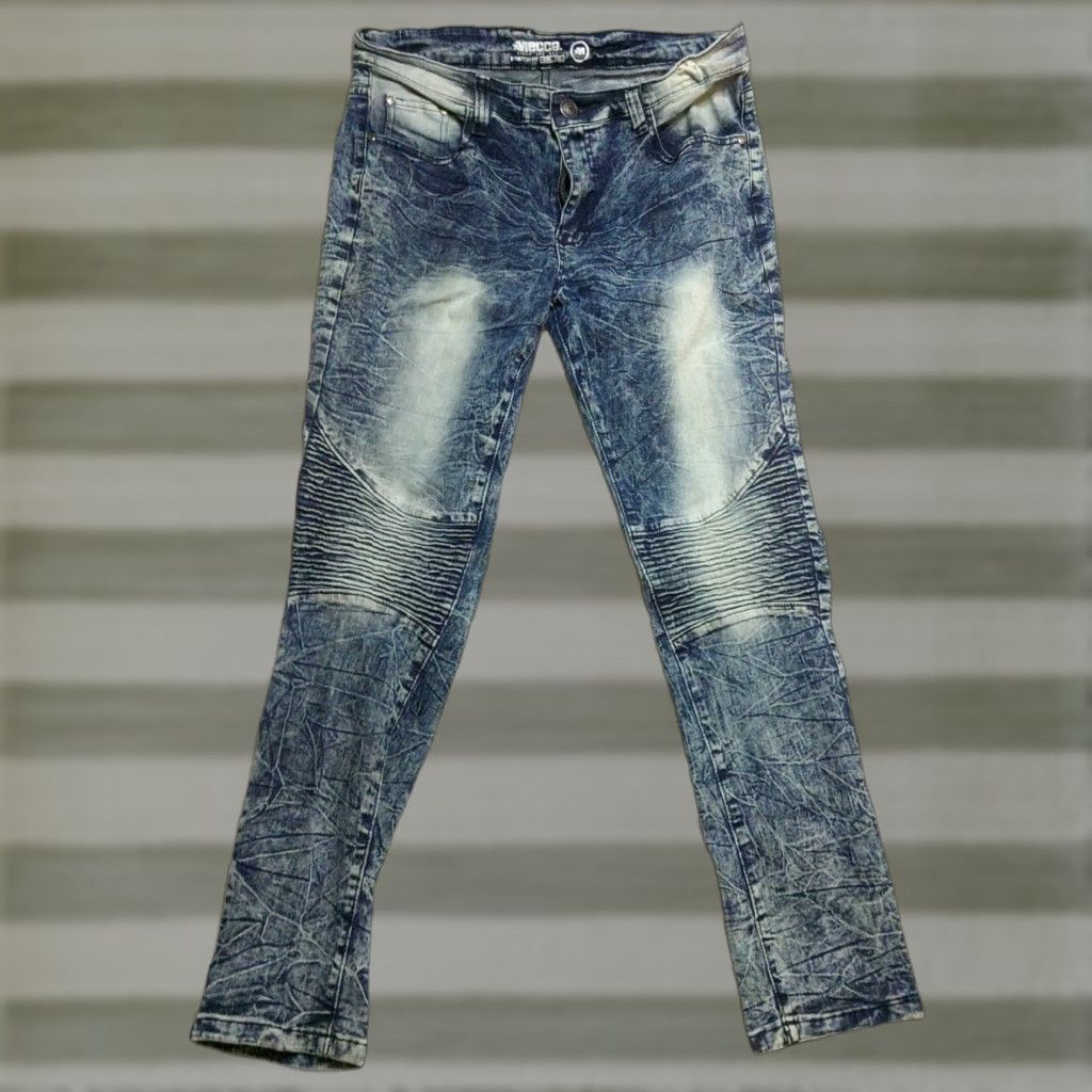 Vintage Mecca Jeans Slim 34x32 Acid Wash Denim 5-Pocket Button Zipper Stretch Fit Mens Blue Vintage 90s Hip Hop Biker Style Size US 34 / EU 50 - 1 Thumbnail