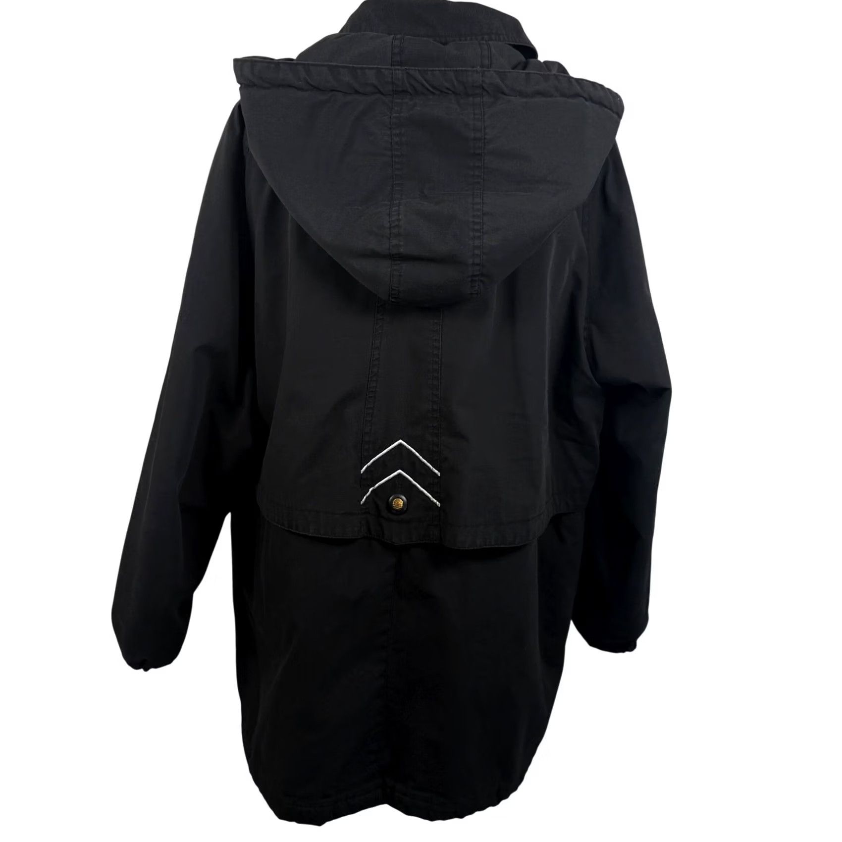 Basic Editions VINTAGE Basic Editions Parka Jacket XL Black Quilted Lined Removable Hood Utility Chevron Embroidered Zipper Button Drawstring Pockets Mid-Length Size XL / US 12-14 / IT 48-50 - 3 Thumbnail