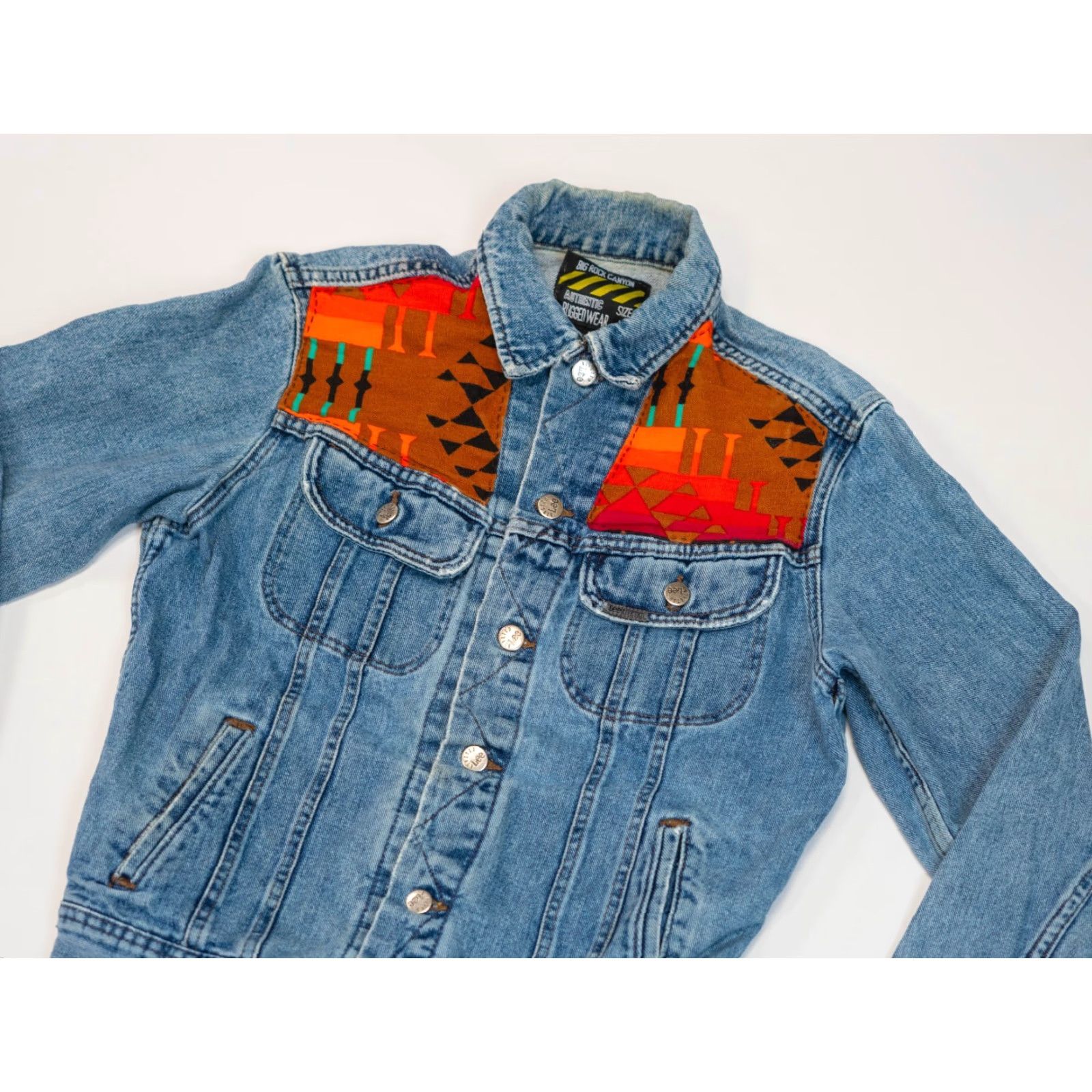 VINTAGE Lee Aztec Denim Jacket Women M Patchwork Trucker Bomber Jacket 80s 90s Western USA Rockabilly VTG Vintage
