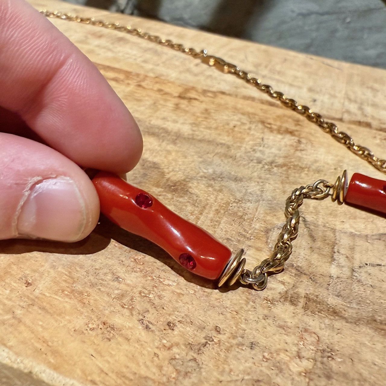 Givenchy Vintage Gold Chain Faux Coral Crystal Necklace