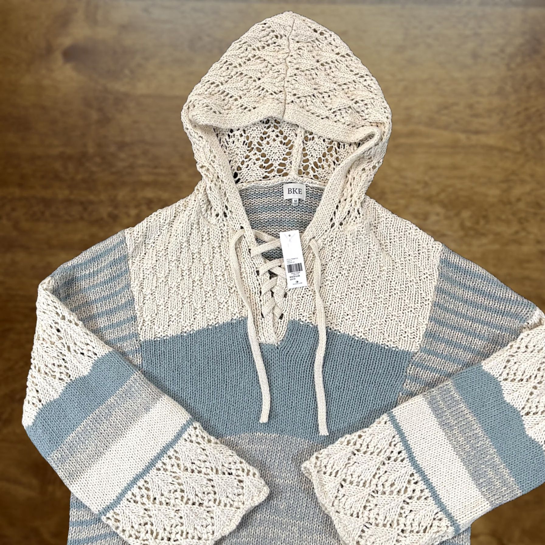 BKE VINTAGE BKE Sweater Shirt Womens Medium Beige/Blue Hooded Knit Lace Up Boho NWT Size M / US 6-8 / IT 42-44 - 1 Thumbnail