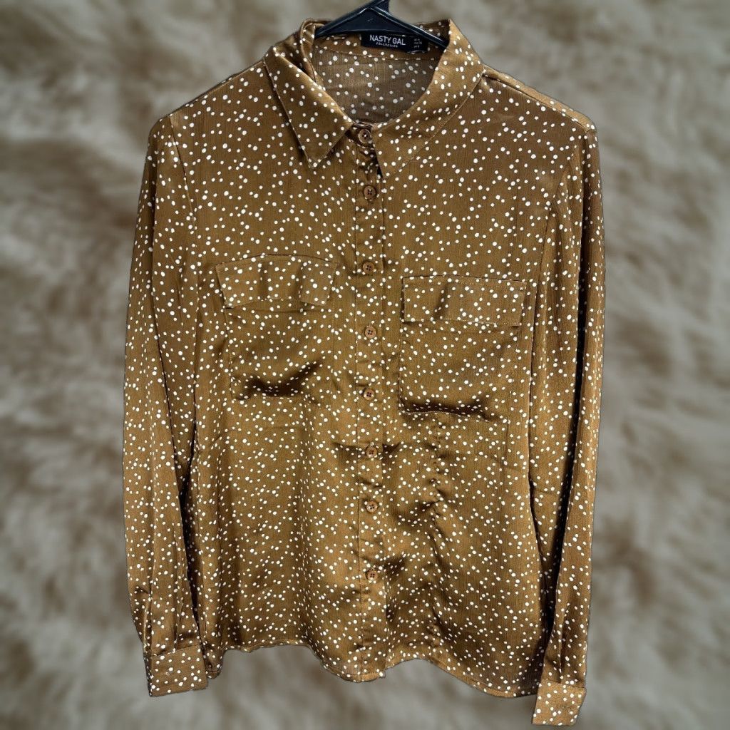 Nasty Gal Nasty Gal Collection Bronze Brown Shirt Blouse Long Sleeve Polka Dot Formal Sz 4 Size S / US 4 / IT 40 - 1 Thumbnail