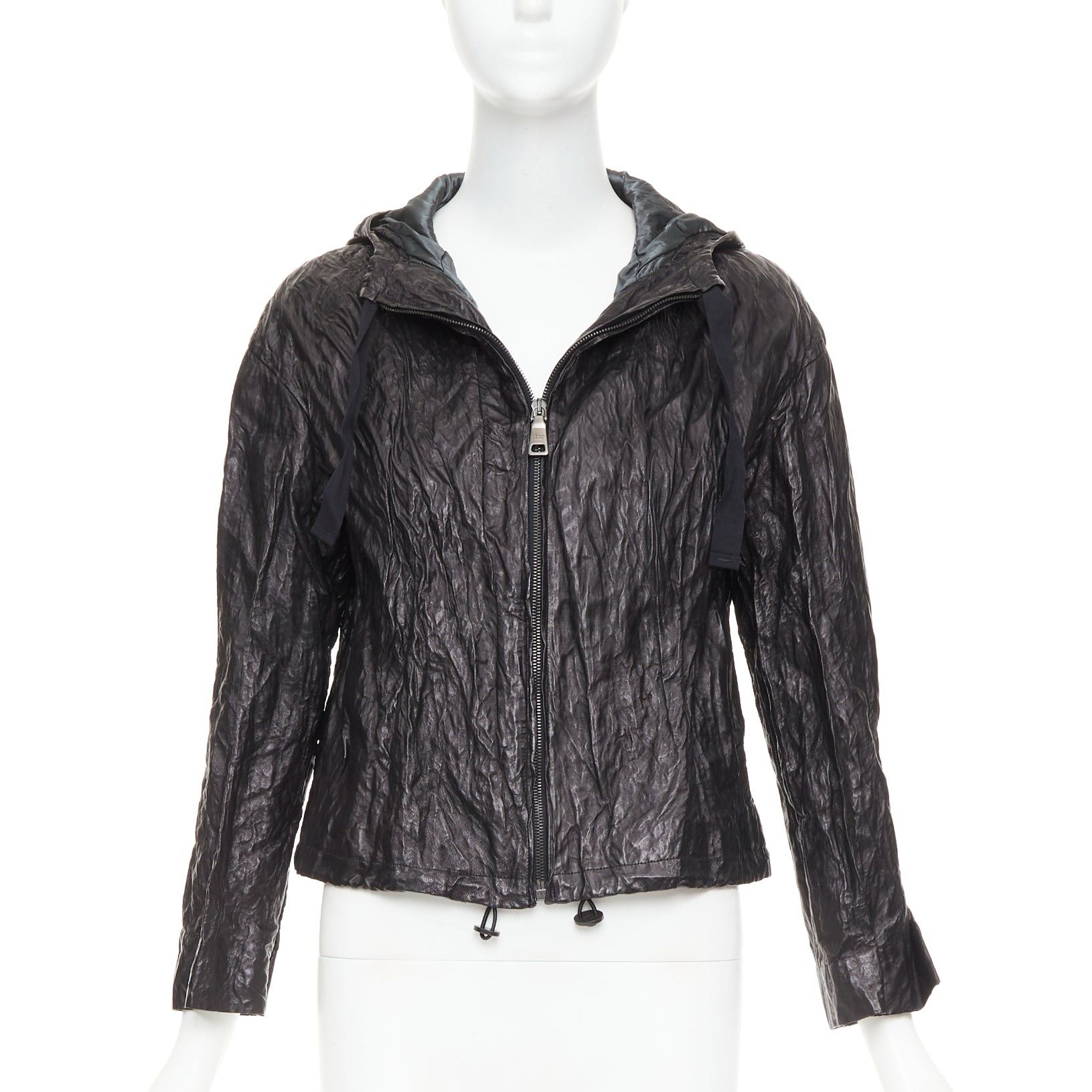 Prada PRADA 2011 Vintage black 100% lambskin crinkled hooded jacket IT36 XXS Size XS / US 0-2 / IT 36-38 - 1 Thumbnail