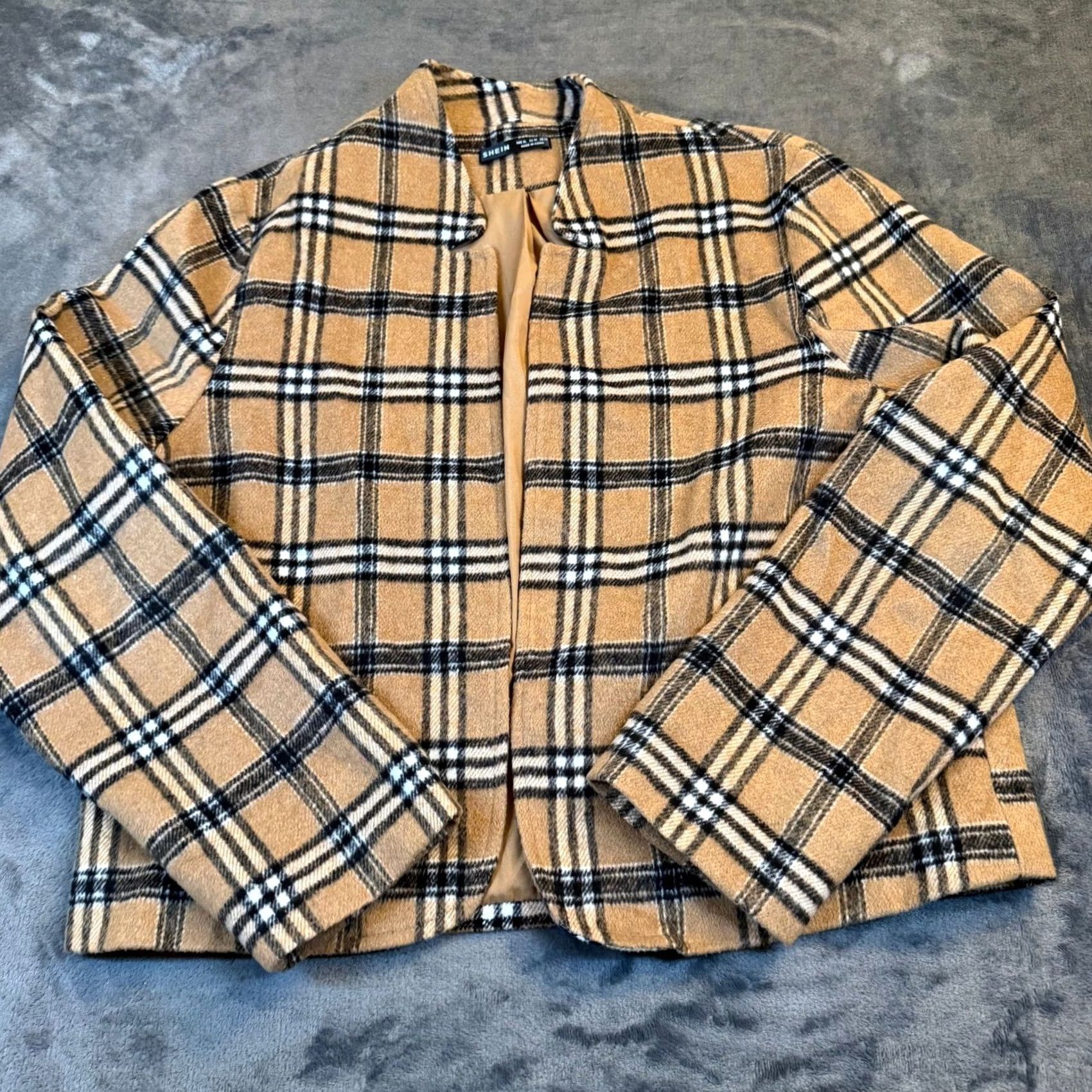 Shein SHEIN Plaid Open Front Blazer Jacket Womens XL Tan Brown Lightweight Lined Collared Casual Office Check Vintage: No Size XL / US 12-14 / IT 48-50 - 3 Thumbnail