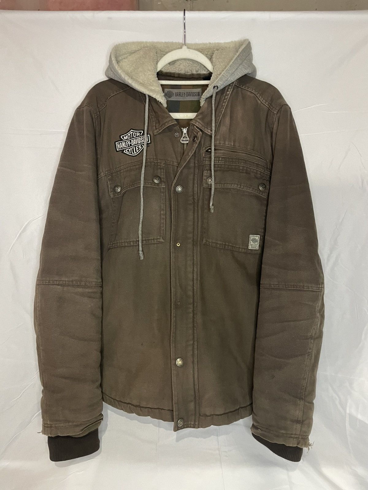 Distressed Harley Davidson Brown Fur Hood Zip Up Jacket