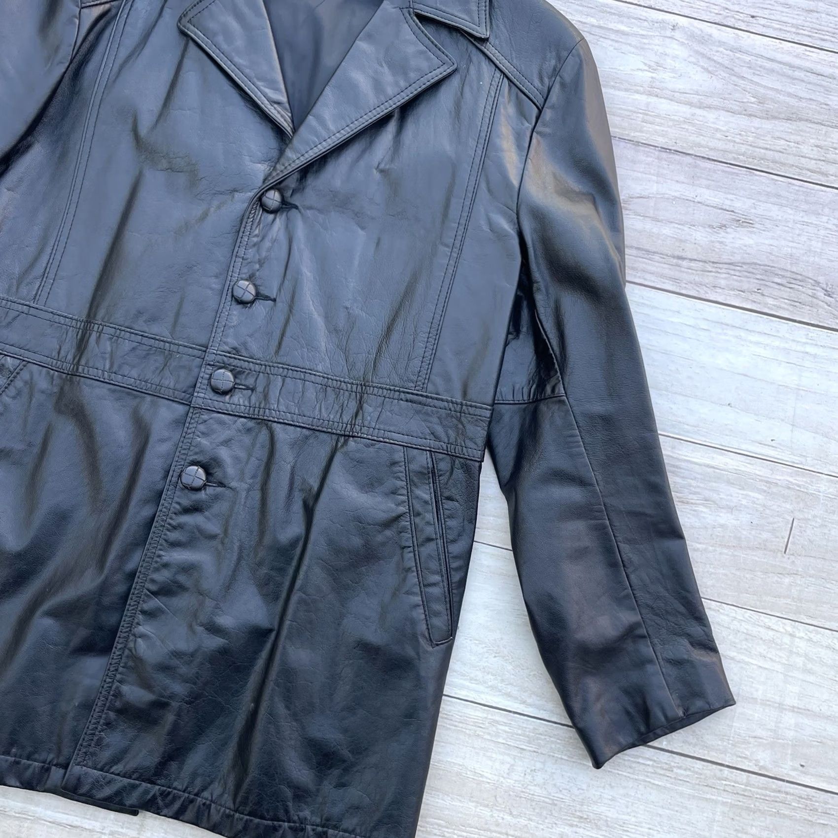 Vintage VINTAGE Leather Jacket Unbranded Long Jacket 42R Black Mens Womens Regular 4 Button Spread Collar Retro Leather Jacket Long Sleeve Blazer Coat Size US XS / EU 42 / 0 - 3 Thumbnail