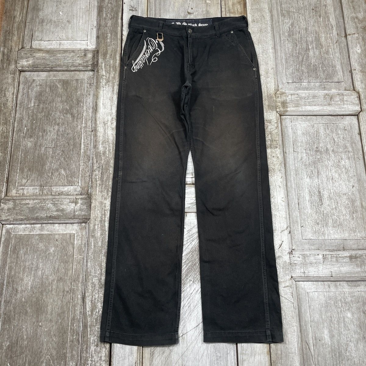 14th Addiction × Japanese Brand × Vintage Vintage CDS Black Sense Embroidery Faded Baggy Pant Size US 34 / EU 50 - 2 Thumbnail