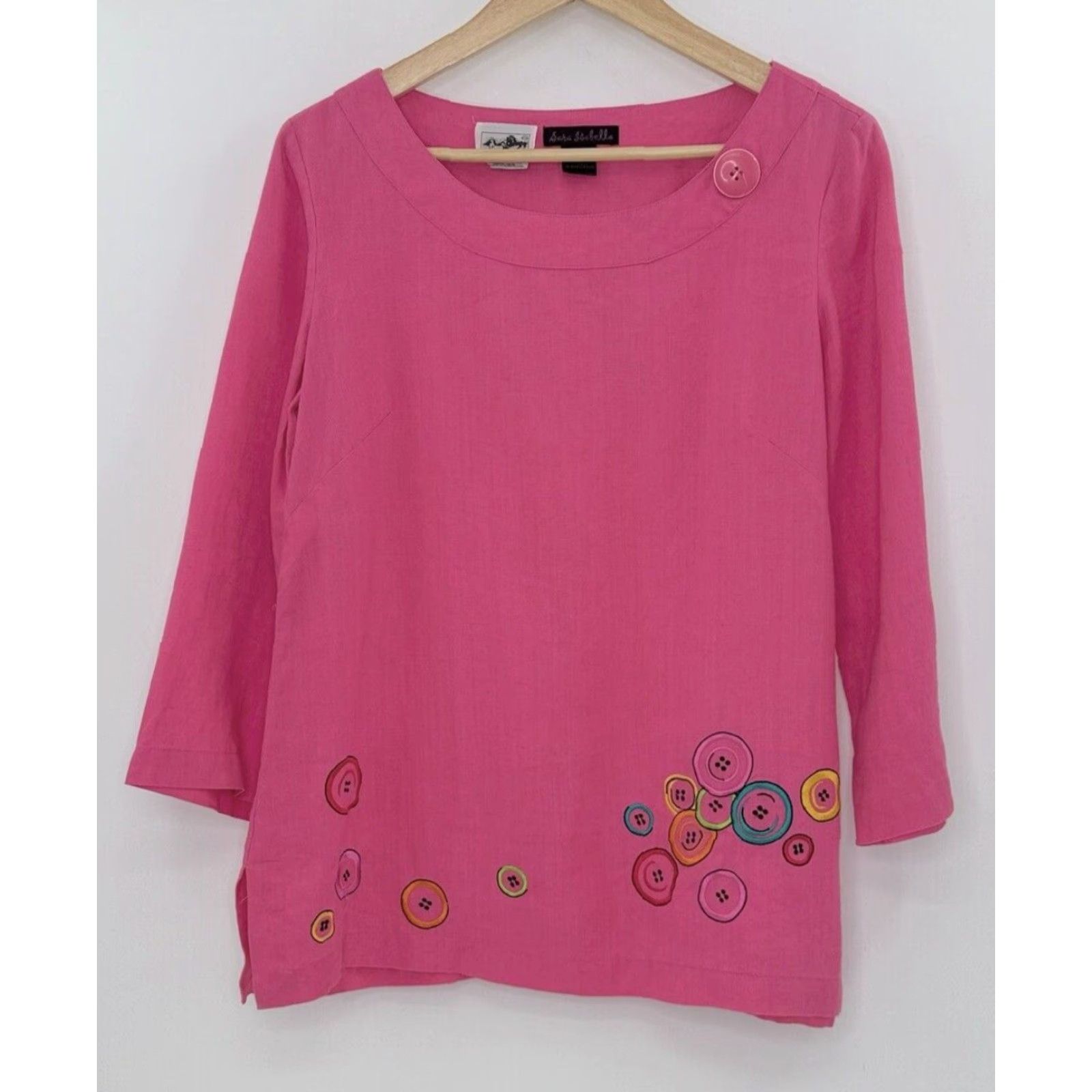 Vintage VINTAGE? No — Sara Isabella Pink Blouse Tunic 100% Irish Linen Embroidered Buttons Scoop Neck Long Sleeve Women's 10 Bohemian Modern Size L / US 10 / IT 46 - 2 Thumbnail