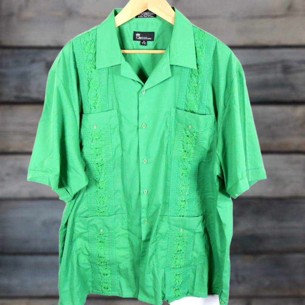 Omega VINTAGE OMEGA Guayabera Shirt Men 3X Green Cotton Blend Pleated Pockets Short Sleeve Button-Up Casual Retro 80s 90s Hipster Size US XXL / EU 58 / 5 - 1 Thumbnail