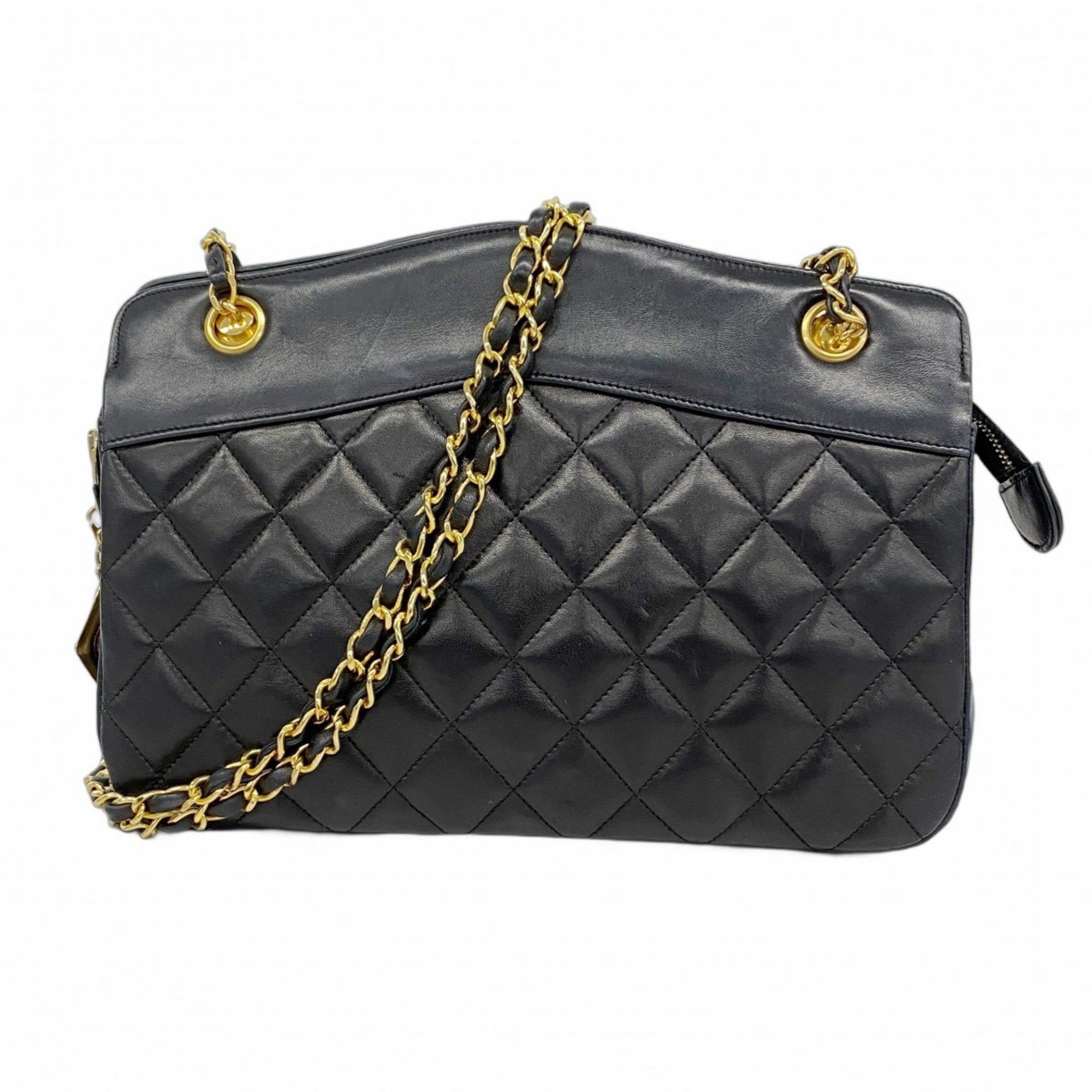 Chanel Matelasse Shoulder Bag with Chain Bag, Lambskin, Black, Women's