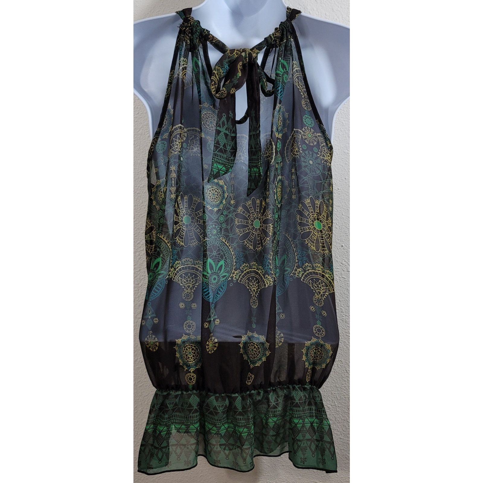 Other Twentyone Brown Green Sheer Beaded Neckline Top Medium Size M / US 6-8 / IT 42-44 - 3 Thumbnail