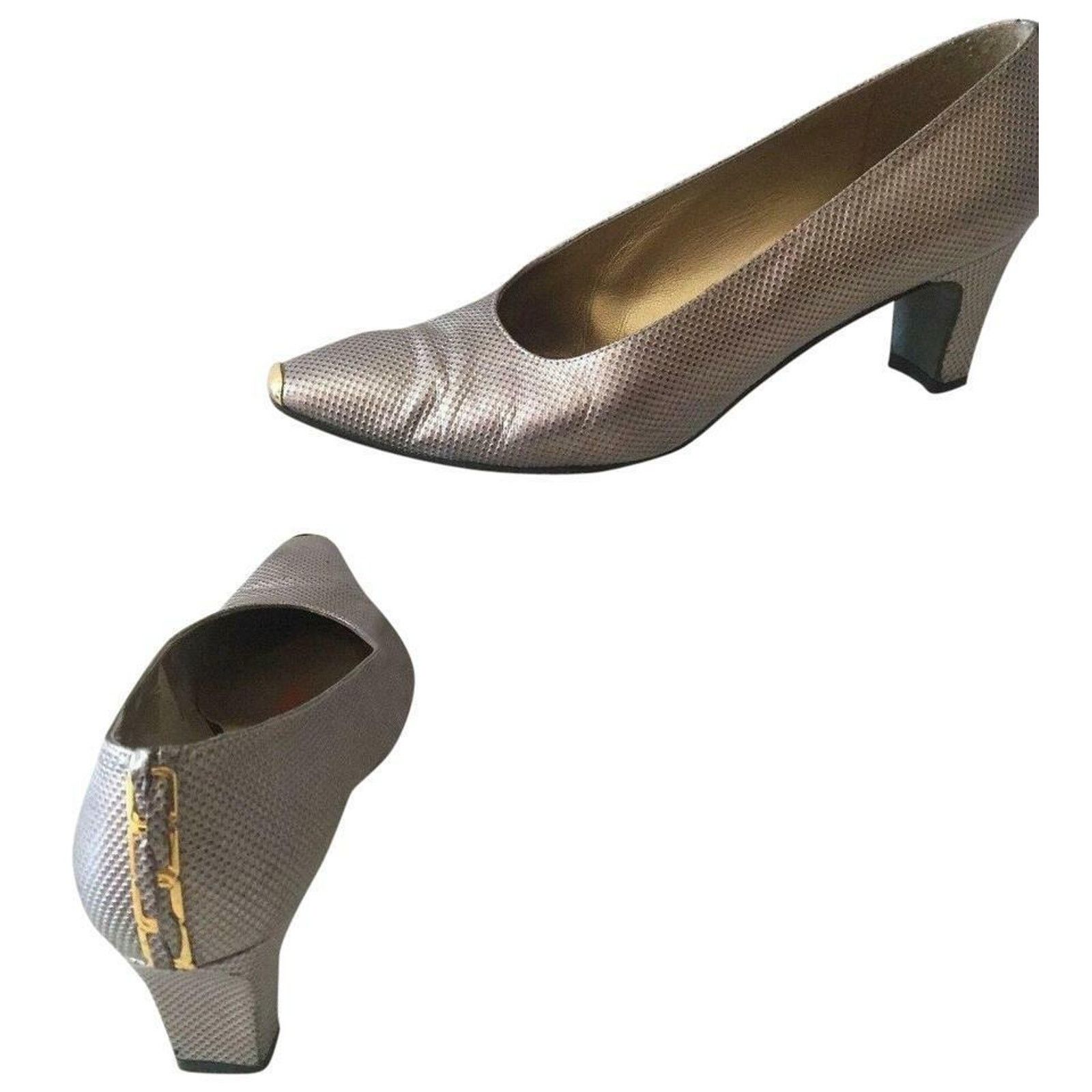 Stuart Weitzman Stuart Weitzman Taupe Textured Shoe Pump Metal Toe Rand Cap Size US 7.5 / IT 37.5 - 1 Thumbnail