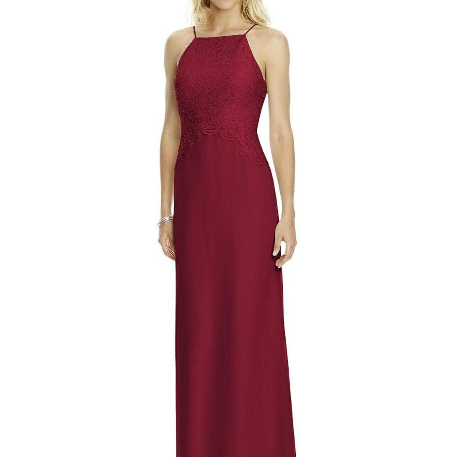 image of After Six Lace Bodice Matte Chiffon Bridesmaid Formal Dress in Red, Women's (Size XL)