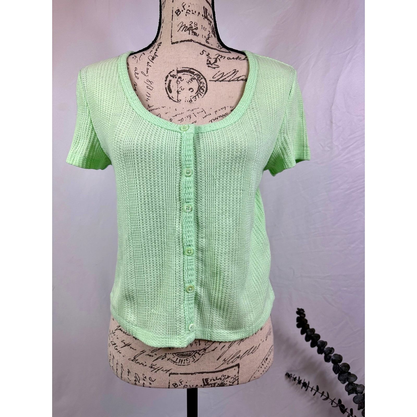 Other Elodie Waffle Knit Short Sleeve Button Up Crop Top Green XL Size XL / US 12-14 / IT 48-50 - 5 Thumbnail