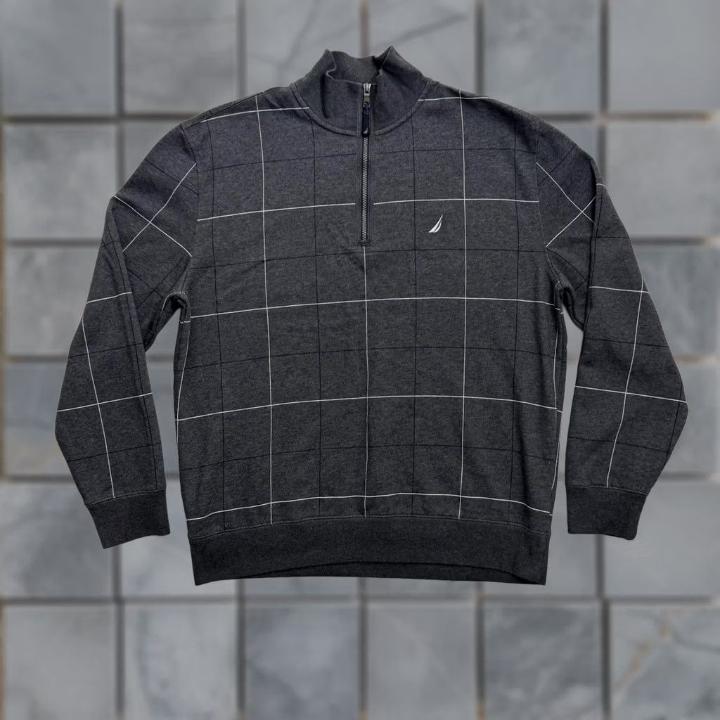 Nautica Nautica Sweatshirt Quarter Zip Mens XL Gray Check Fleece Pullover Logo 1/4 Zip Mock Neck Long Sleeve Winter Size US XL / EU 56 / 4 - 1 Thumbnail