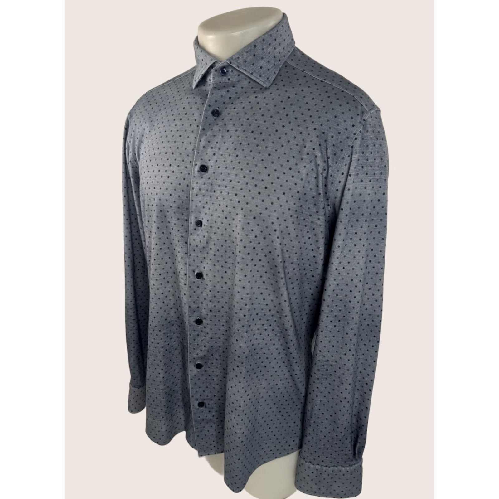 Vintage EMANUEL BERG Shirt Mens L Gray / Blue Polka Dot Soft Cotton Blend Stretch Button-Up Long Sleeve SMALL FLAW Size US L / EU 52-54 / 3 - 1 Thumbnail