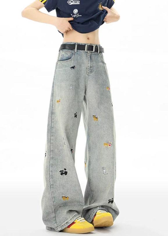 Japanese Brand Men's washed distressed wide-leg puppy embroidered jeans Size US 32 / EU 48 - 1 Thumbnail