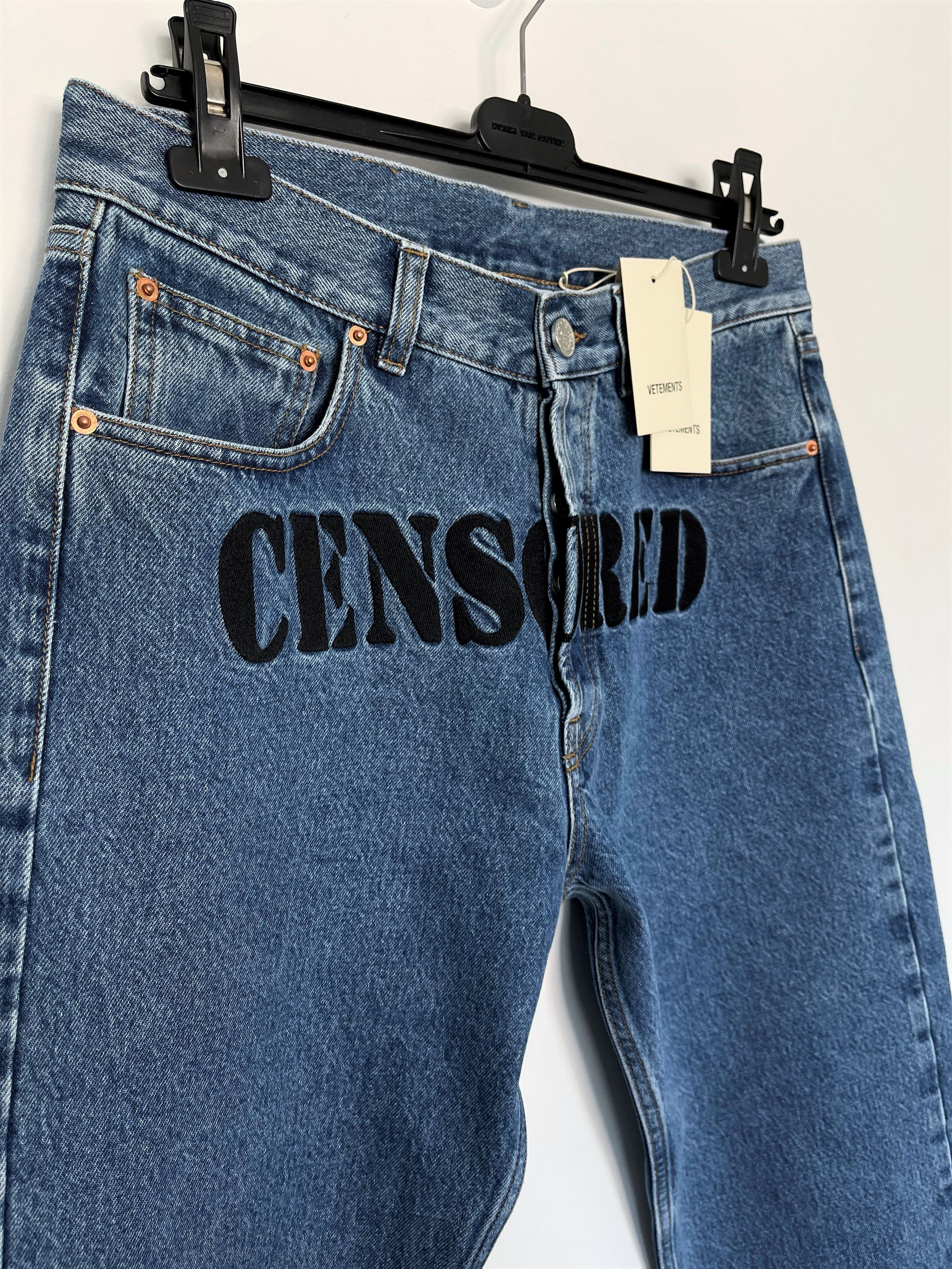 Image of Vetements Small 40Cm Grail Embroidered Censored Coin Jeans Fw20 in Blue, Men's (Size 30)