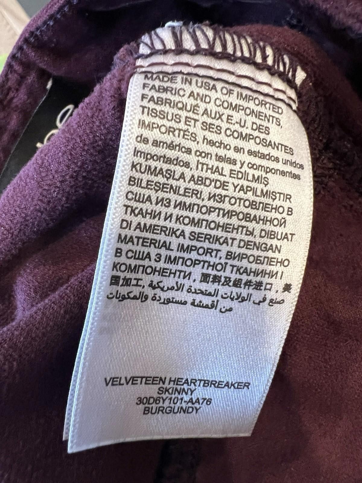 United Colors Of Benetton bebe Burgundy Velveteen Skinny Pants Size 7 Stretch USA Made Size 28" / US 6 / IT 42 - 7 Thumbnail