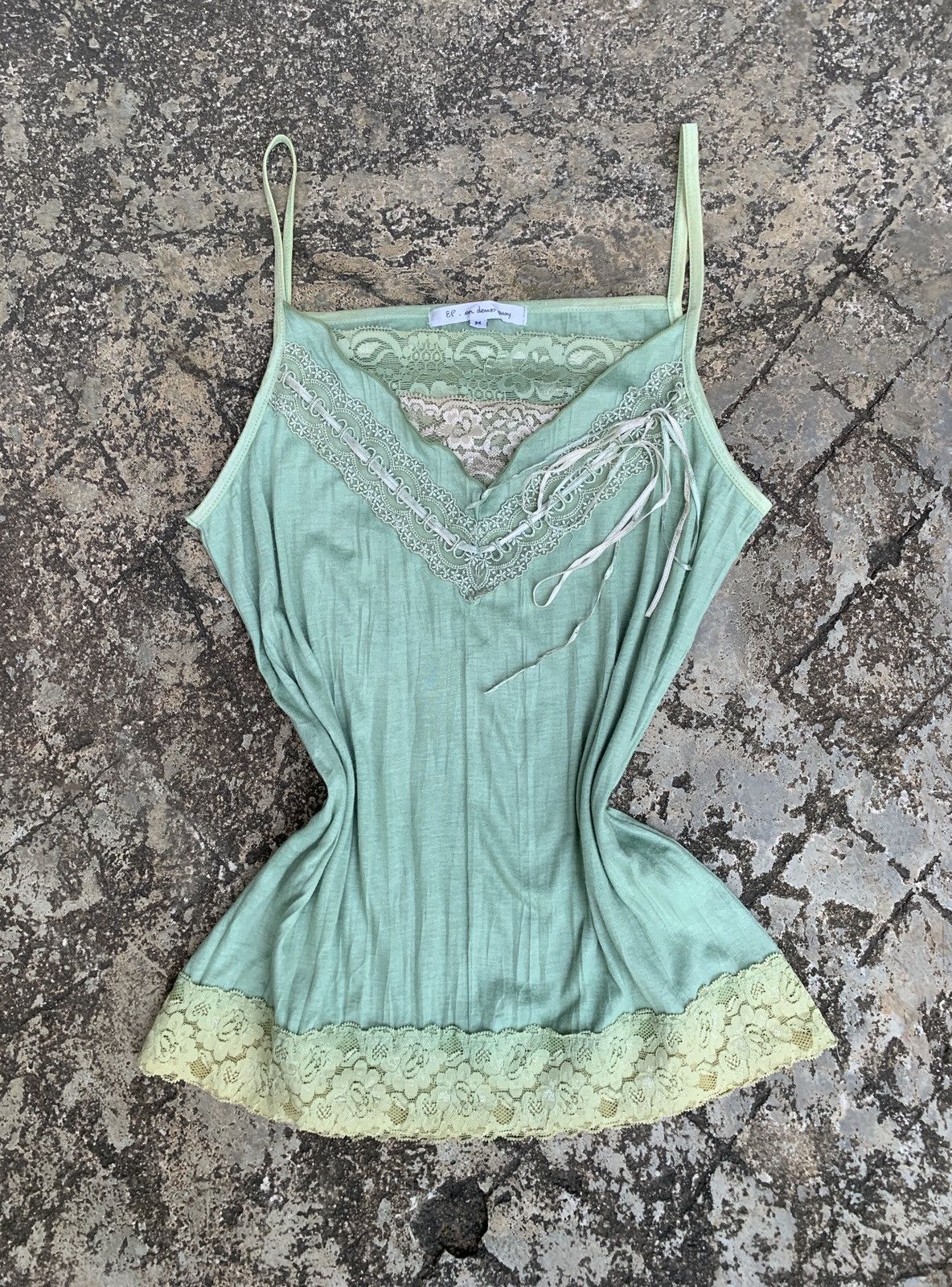 If Six Was Nine × Japanese Brand y2k EP Japan Green Lace Trim Textured Cami Tank Top Size M / US 6-8 / IT 42-44 - 1 Thumbnail