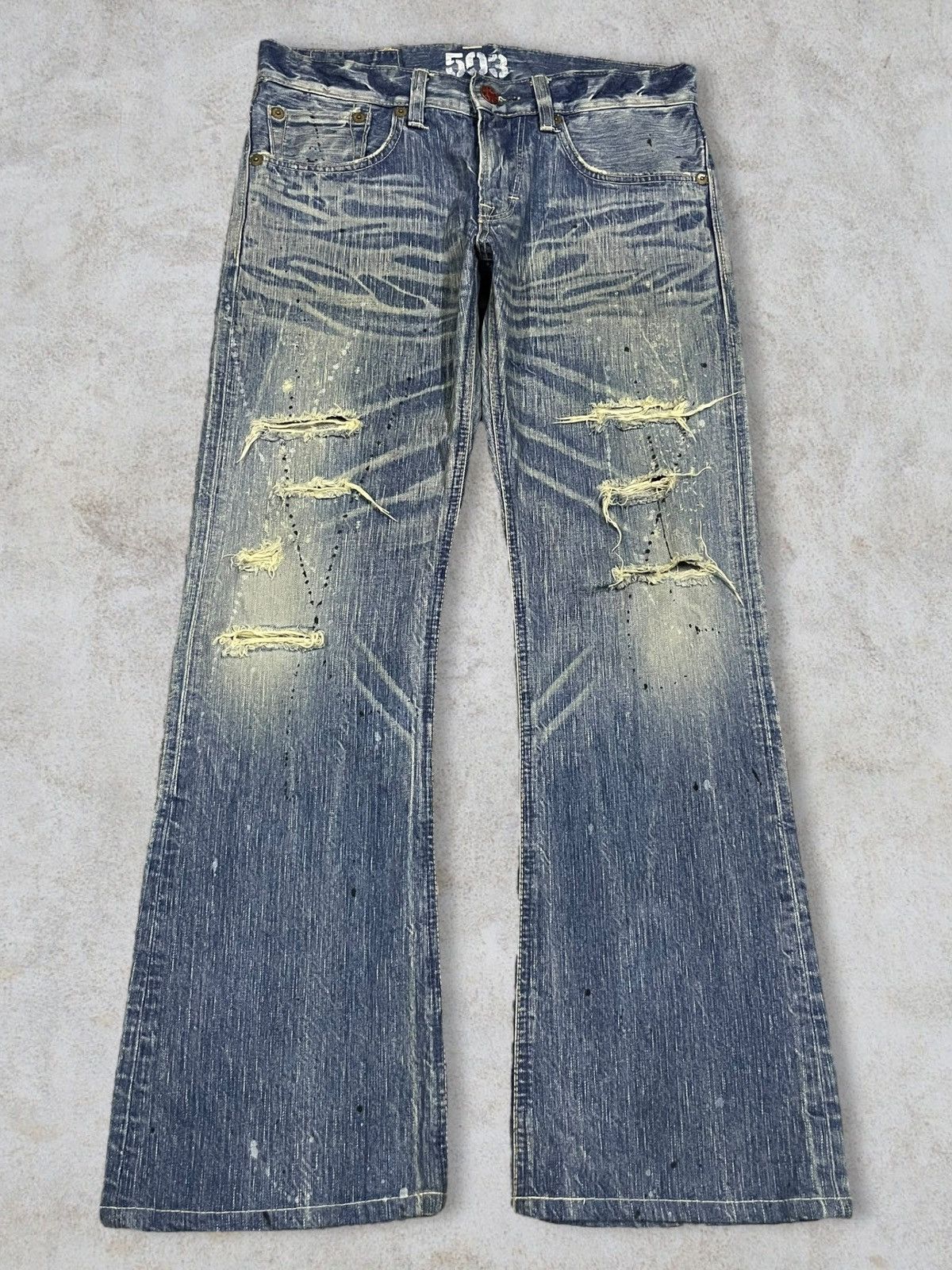 POST ARCHIVE FACTION (PAF) Vintage Edwin Paint Splatter Distressed Washed Flare Jeans Size US 32 / EU 48 - 1 Thumbnail