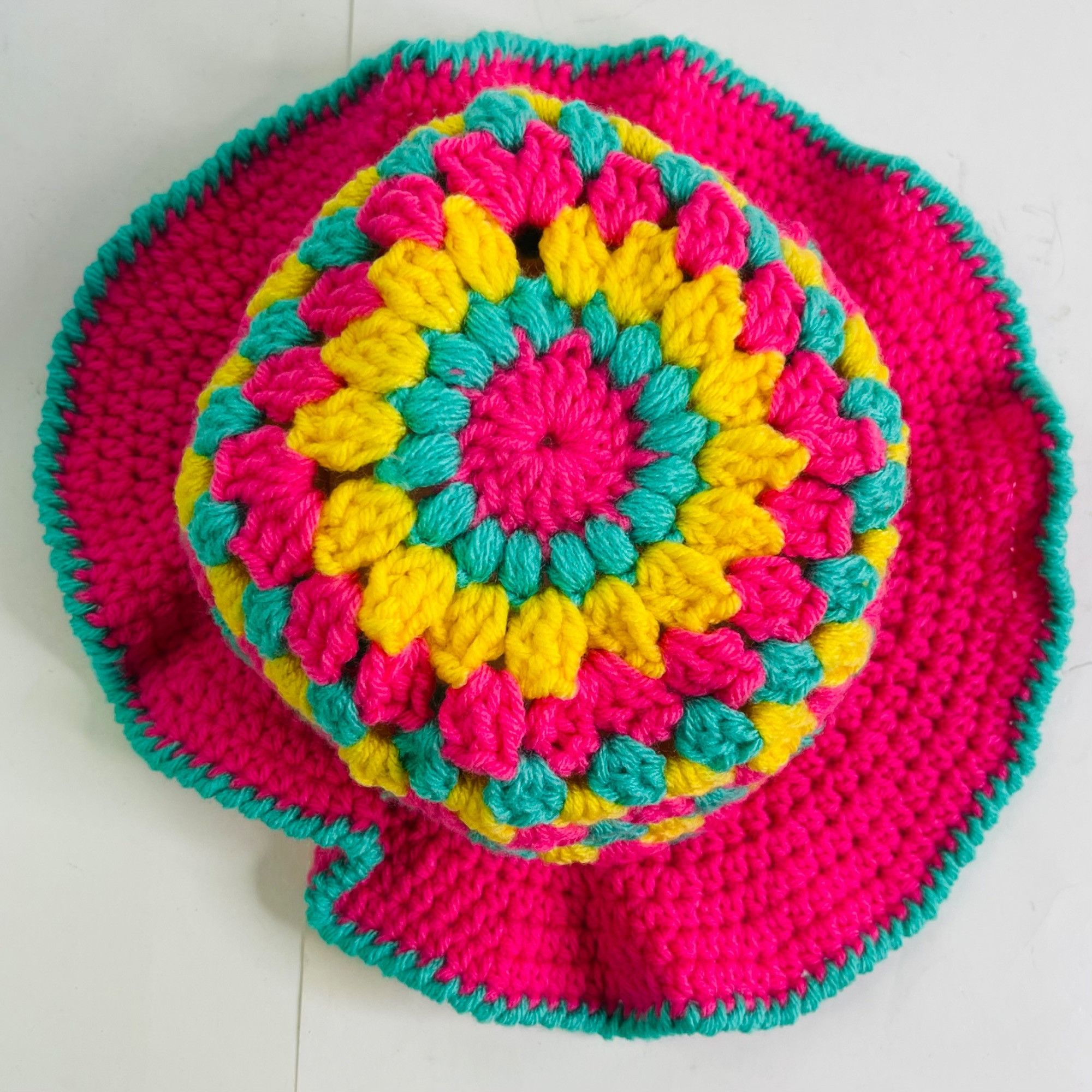 Handmade Crochet Bucket Hat Granny Square Pattern Pink Green Yellow A Size ONE SIZE - 5 Thumbnail