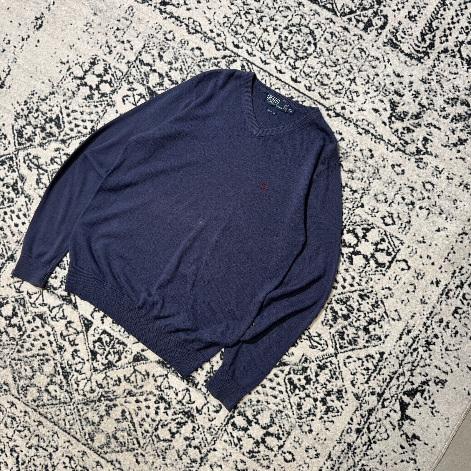 Ralph Lauren × Vintage Vintage Ralph Lauren Navy Blue Cotton Sweater Size XL V-Neck Size US XL / EU 56 / 4 - 2 Thumbnail