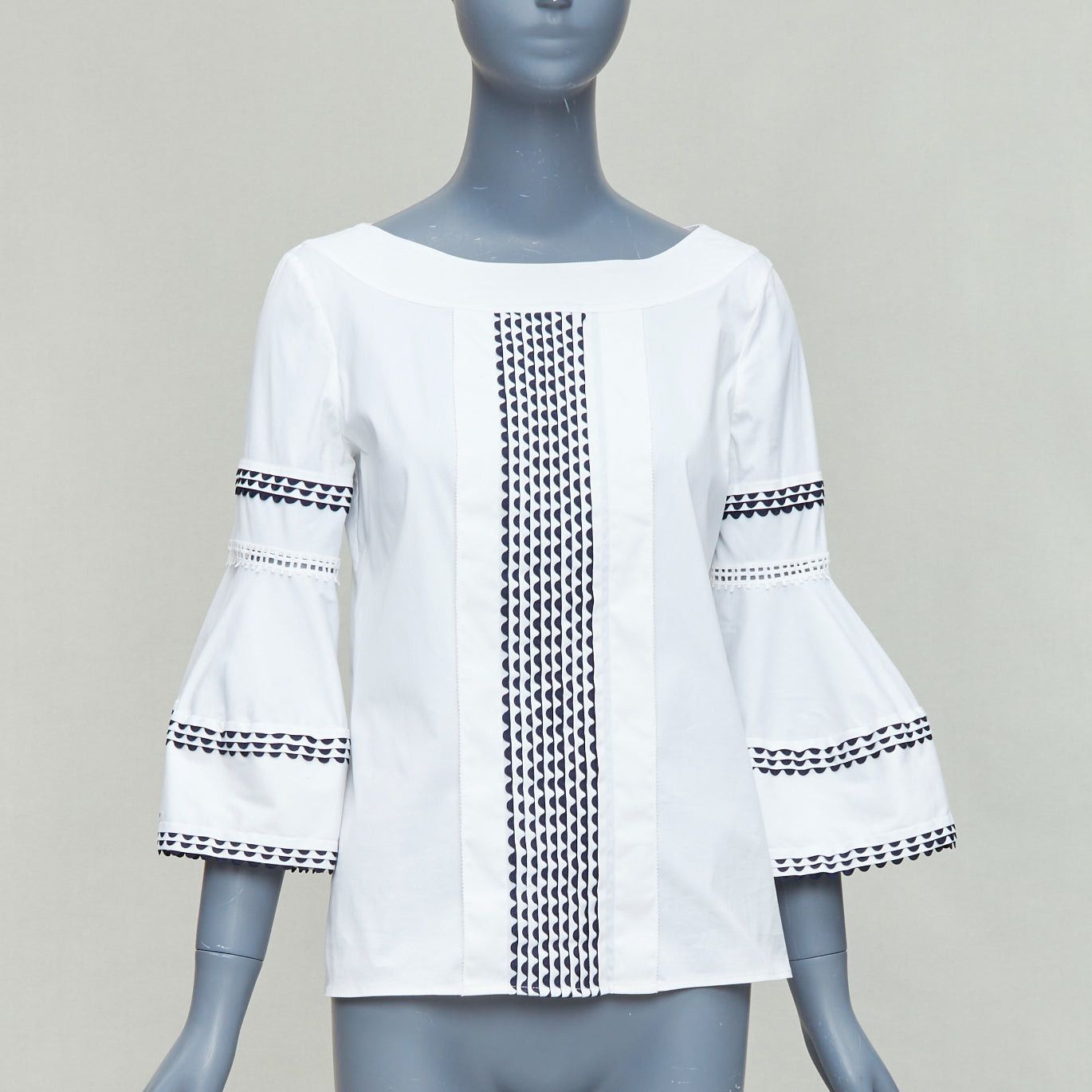 Oscar De La Renta OSCAR DE LA RENTA P17 cream black scallop trim flared sleeve top US4 S Size S / US 4 / IT 40 - 1 Thumbnail