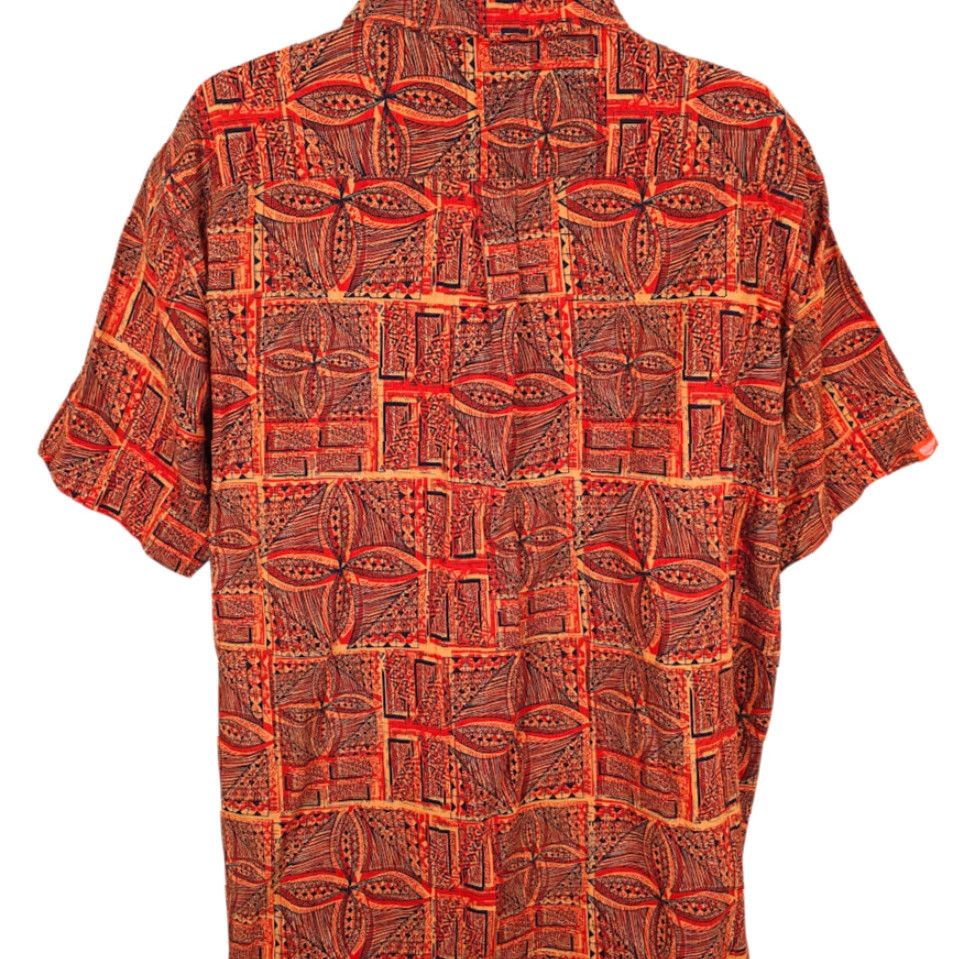 Vintage Tanoa Barkcloth Shirt Mens 2XL Orange All Over Print Abstract Camp Tiki Hawaiian Polynesian Geometric Button-Up Collar-Down Sleeves Short Nightlife? Size US XXL / EU 58 / 5 - 5 Thumbnail
