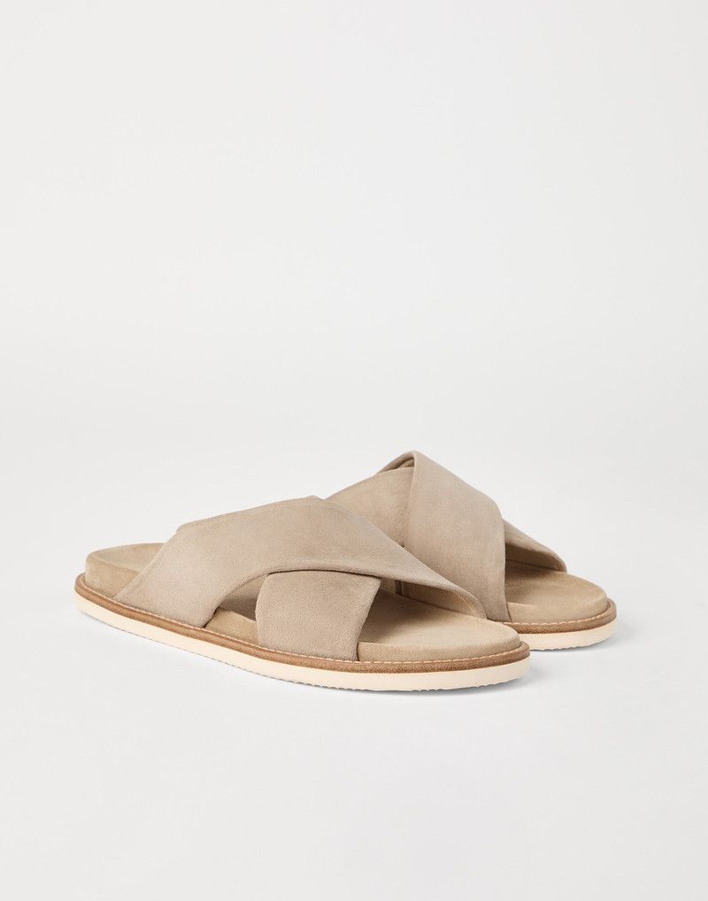 Brunello Cucinelli o1la1rc1a0326 Washed Suede Cross-Over Slides Slippers Beige Size US 10 / EU 43 - 5 Thumbnail