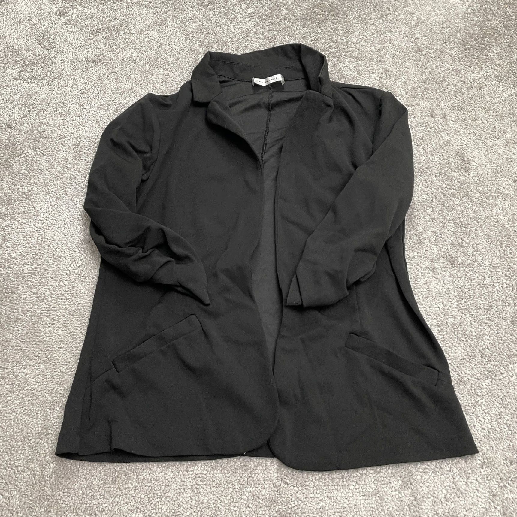 Vintage Retrology Blazer Jacket Womens Medium Black Ruched Sleeve Open 3/4 Sleeve Casual Workwear Solid Size M / US 6-8 / IT 42-44 - 2 Thumbnail