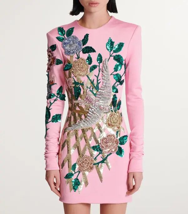 Balmain o1s1wg110825 Embellished Rose Mini Dress in Pink Size XL / US 12-14 / IT 48-50 - 2 Thumbnail