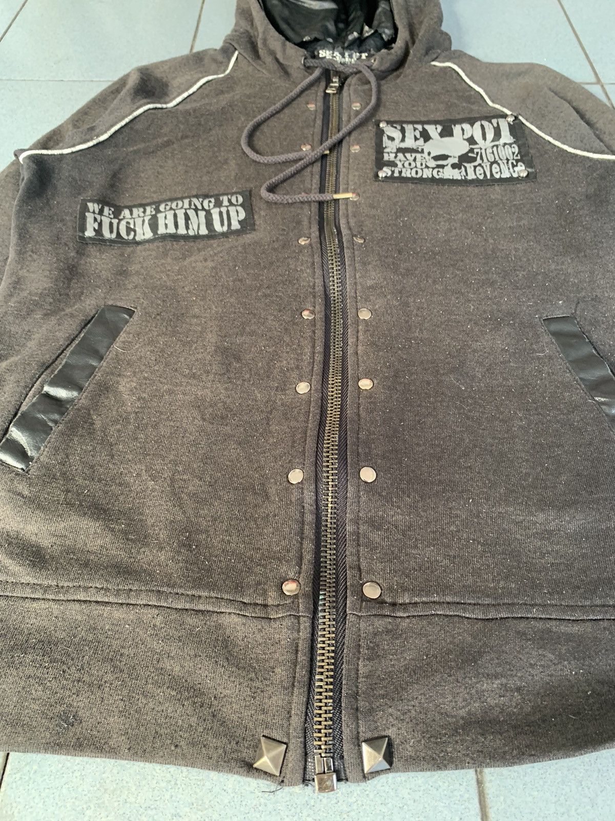 If Six Was Nine Sex Pot Revenge Punk Leather Hooded Patches Zipper Jacket Size US L / EU 52-54 / 3 - 8 Thumbnail