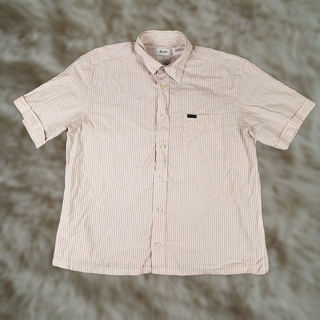 Faconnable Façonnable Men's Shirt Large Orange Striped Cotton Button-Up Short Sleeve Summer Casual Size US L / EU 52-54 / 3 - 1 Thumbnail