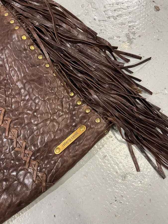 Designer × Roberto Cavalli × Vintage 2000s Roberto Cavalli Grain Brown Leather Fringe Shoulder Bag Size ONE SIZE - 3 Thumbnail
