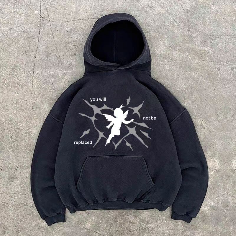 Japanese Brand × Vintage Black washed retro angel print loose cotton hoodie Size US L / EU 52-54 / 3 - 1 Thumbnail