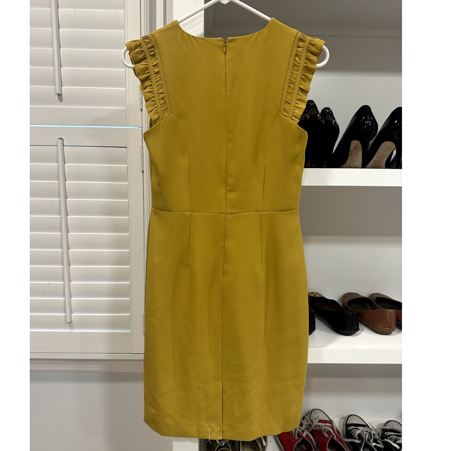 Ann Taylor Ann Taylor Women's Mustard Yellow Ruffle Sleeve Dress 00P Size XXS / US 00 / IT 34 - 6 Thumbnail