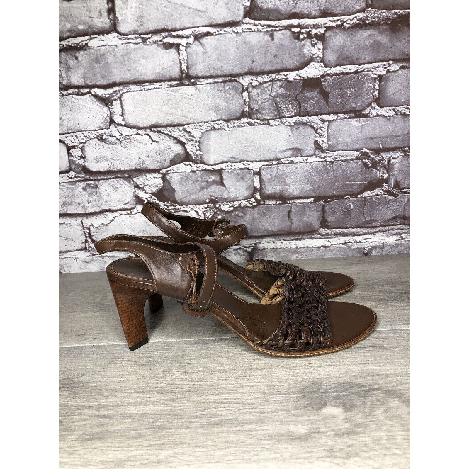 Cole Haan Cole Haan Brown Leather Woven Heel AnkleStrap Sandals Women Size US 7.5 / IT 37.5 - 20 Thumbnail