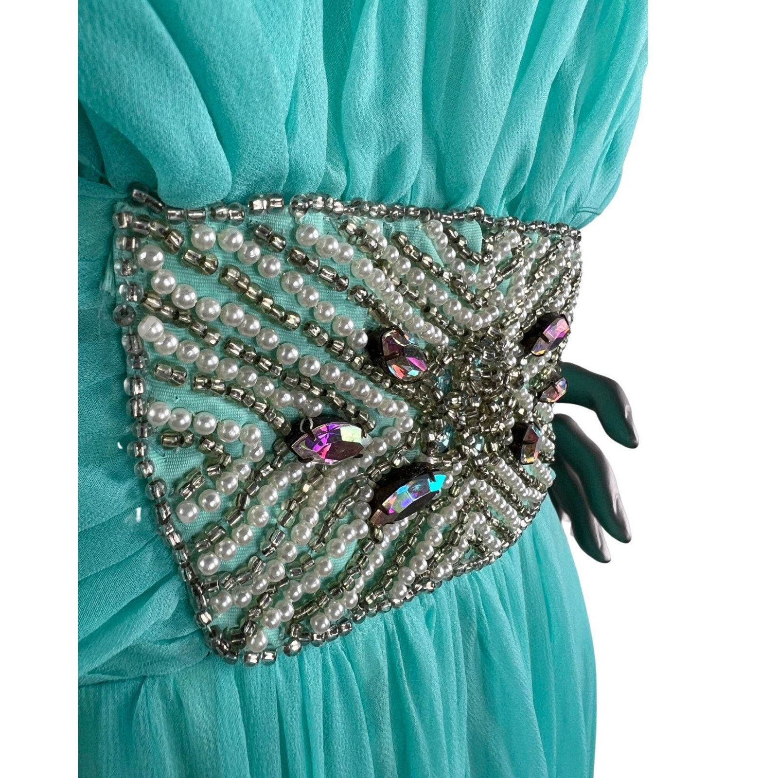 Vintage Vintage 1960s Blue Chiffon Maxi Dress Embellished Waist Med Size M / US 6-8 / IT 42-44 - 2 Thumbnail