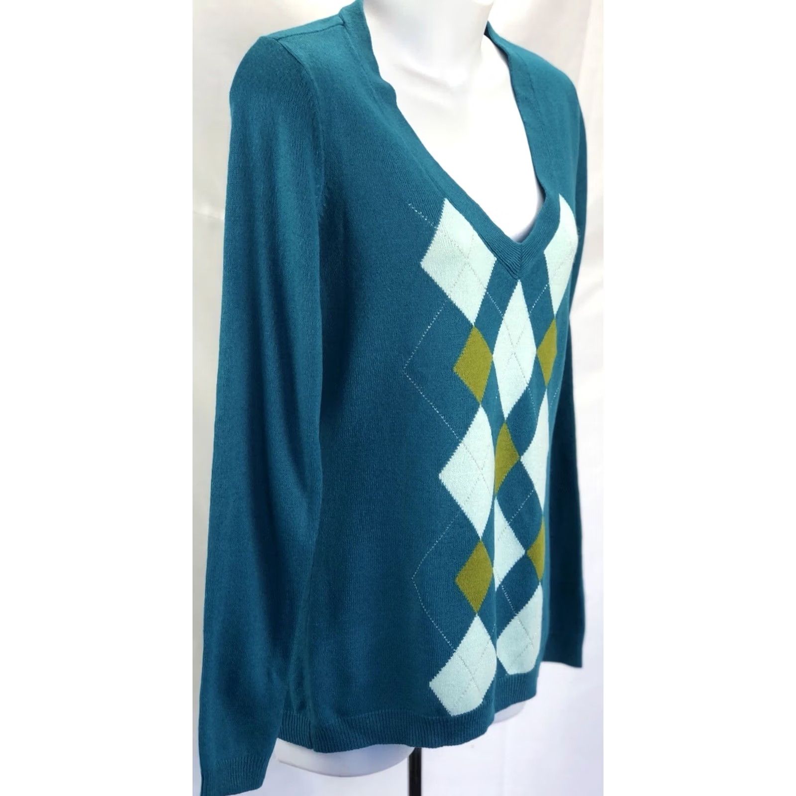 CO VINTAGE NYC Sweater Teal Argyle V-Neck Long Sleeve Pullover 90s Y2K Preppy Womens M Size M / US 6-8 / IT 42-44 - 2 Thumbnail