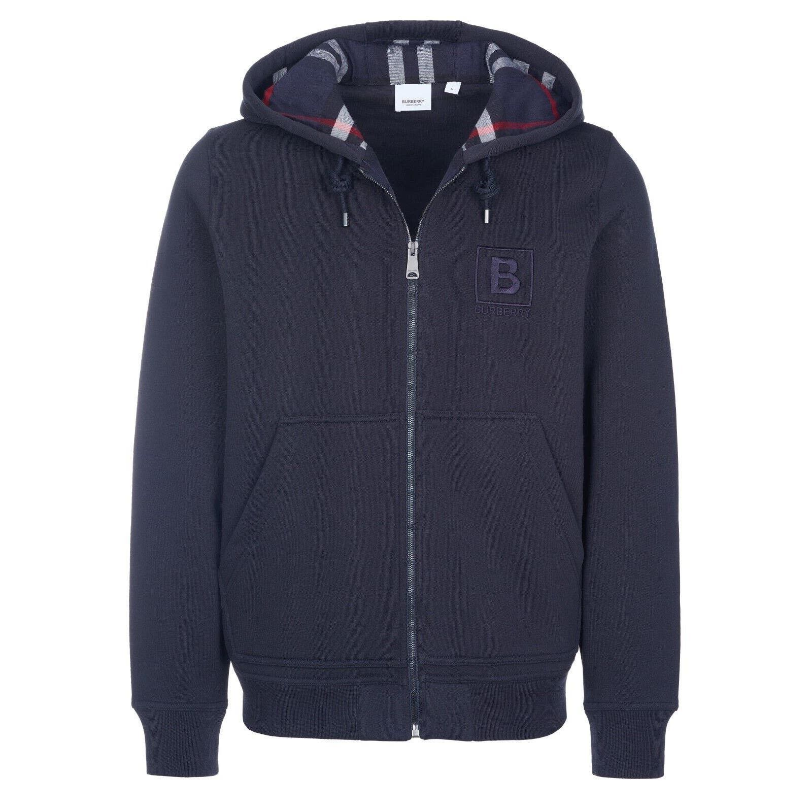 image of Burberry Fordson Navy Cotton Bbox Logo Zip Check Hoodie Jacket XL in Blue, Men's